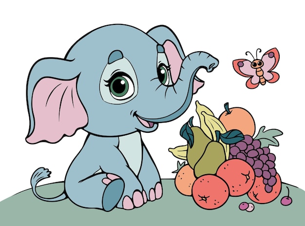 Um bebê elefante fofo sentado ao lado de uma montanha de frutas o animal é vegetariano estampa infantil