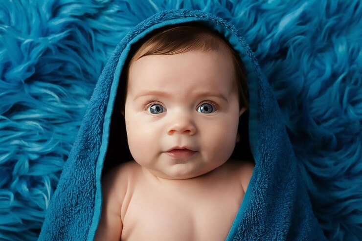 Vetor um bebê embrulhado em uma toalha azul com uma toalha azuis