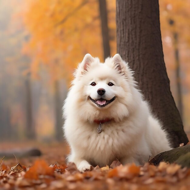 Um belo cão samoia branco na floresta de outono