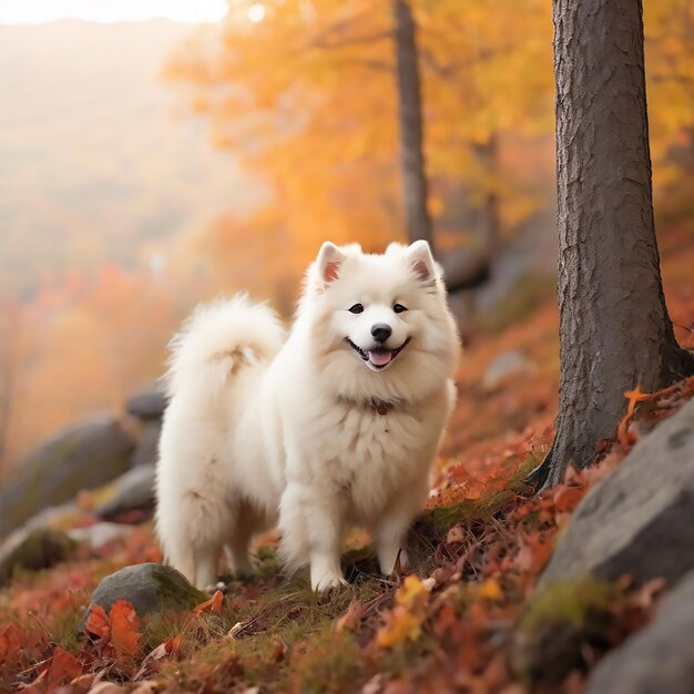 Um belo cão samoyed branco na montanha na floresta de outono