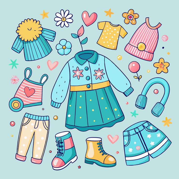 Vetor um belo conjunto de ilustrações de roupas infantis desenhadas à mão