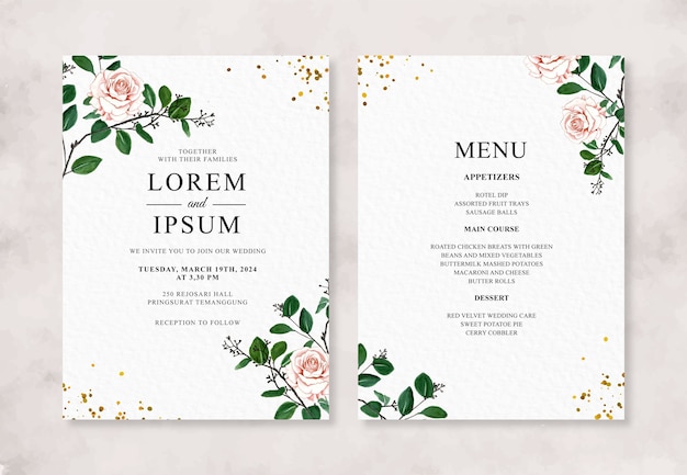Um belo convite de casamento com flores a aquarela.