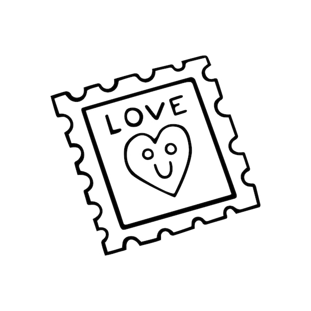 Um belo selo postal com um rosto de coração sorridente e o amor de inscrição ilustração vetorial desenhada à mão fofa em estilo doodle isolado uma declaração de amor para adesivos de cartões de dia dos namorados