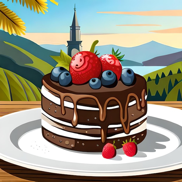 Um bolo com frutas vermelhas está sobre um prato com uma montanha ao fundo.