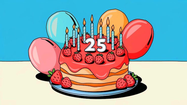 Vetor um bolo de aniversário com o número 25 nele.