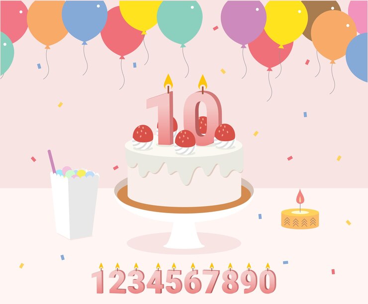 Vetor um bolo de festa comemorando seu 10º aniversário ilustração conjunto presente de cerimônia de balão de aniversário