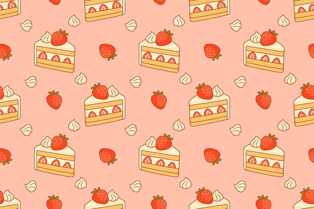 Um bolo de morango bonito com padrão sem costura com creme batido e fundo de pêssego pastel