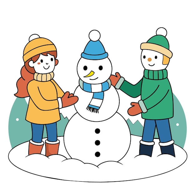 um boneco de neve com duas crianças e um boneco