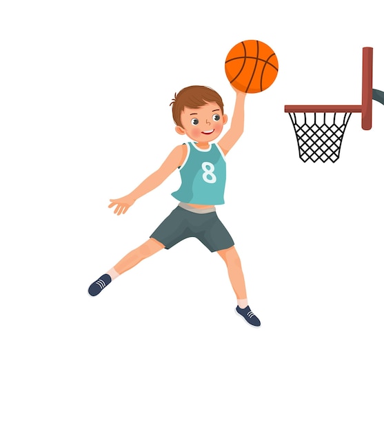 Um bonitinho jogador de basquetebol a saltar alto a dar um slam dunk em acção.