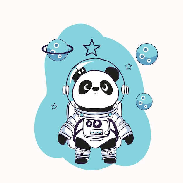 Um bonito astronauta panda de desenho animado de pé em um fundo espacial azul brilhante e alegre