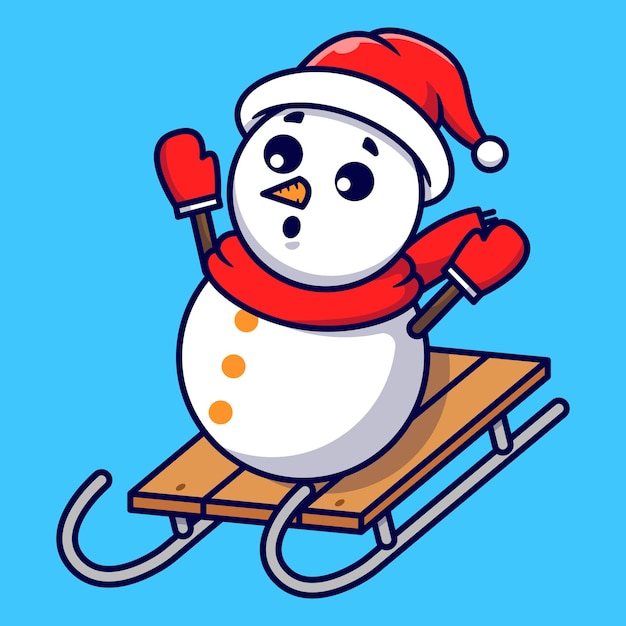 Vetor um bonito boneco de neve montado em trenó ilustração de desenho animado vetorial isolada