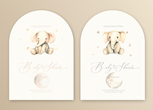 Um bonito cartão de convite de aquarela para o banho de bebê com brinquedo de elefante de pelúcia e estrelas.