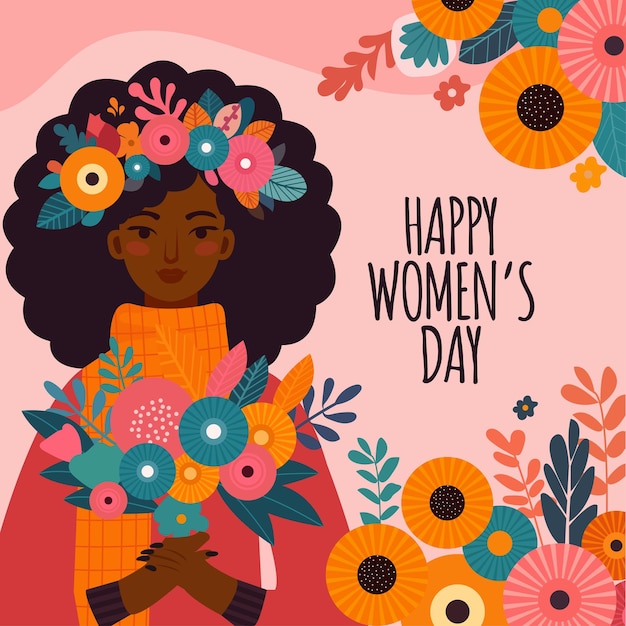 Um bonito cartaz ou cartaz para o Dia da Mulher em 8 de março com uma menina com flores e texto
