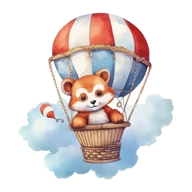 Vetor um bonito desenho animado de panda vermelho voando com pára-quedas em estilo de pintura a aquarela