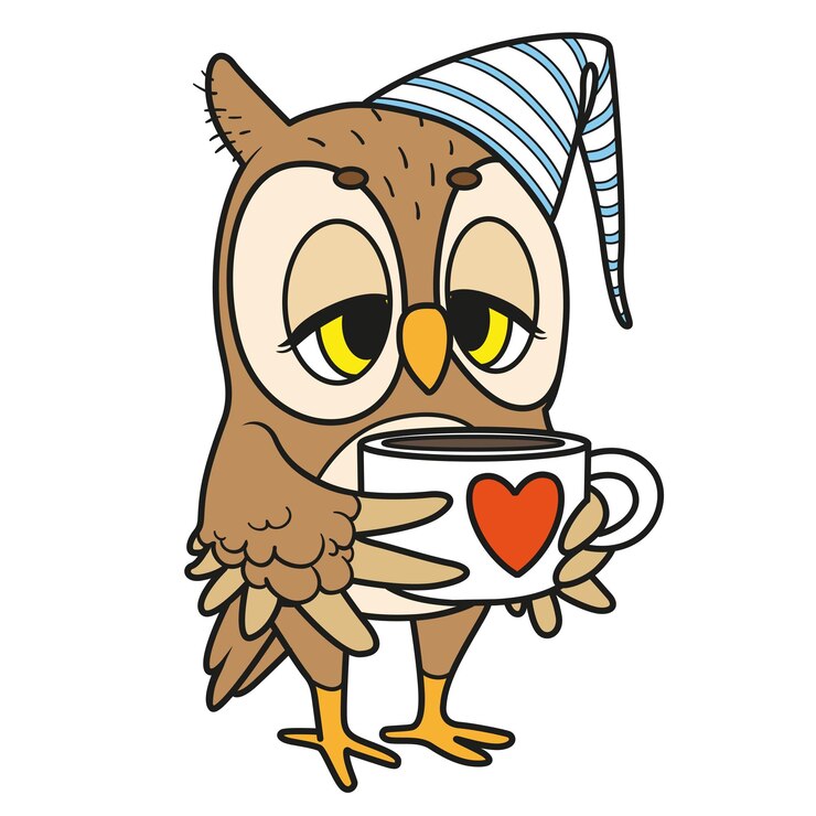 Vetor um bonito desenho animado de uma coruja sonolenta com uma grande chávena de café ou chá em fundo branco