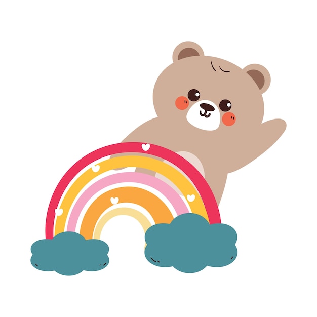 Um bonito desenho de um urso de desenho animado com um arco-íris boho e nuvens azuis. Um desenho bonito para crianças.