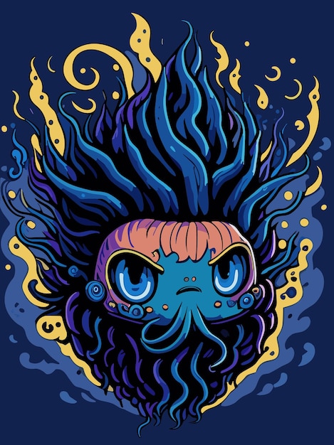 Vetor um bonito pequeno monstro de calamar do mar profundo com ilustração de obras de arte de cabelo de verme em estilo de arte chibi