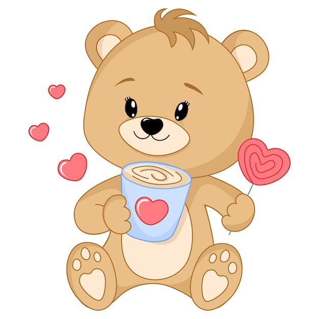 Vetor um bonito urso de pelúcia com café e doces nas mãos feliz dia dos namorados vector doente