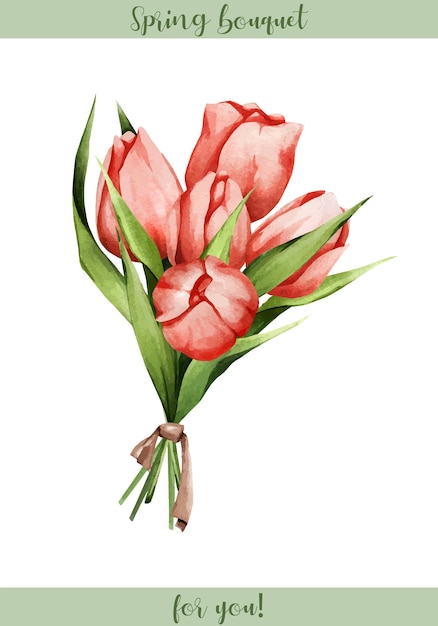 Um buquê de delicadas tulipas ilustração em aquarela de flores da primavera reunidas em uma composição