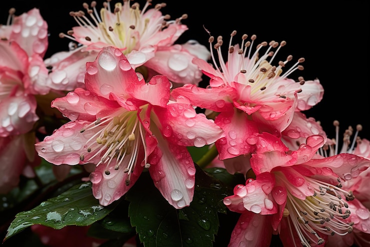 Vetor um buquê de flores cor-de-rosa com gotas de chuva sobre elas