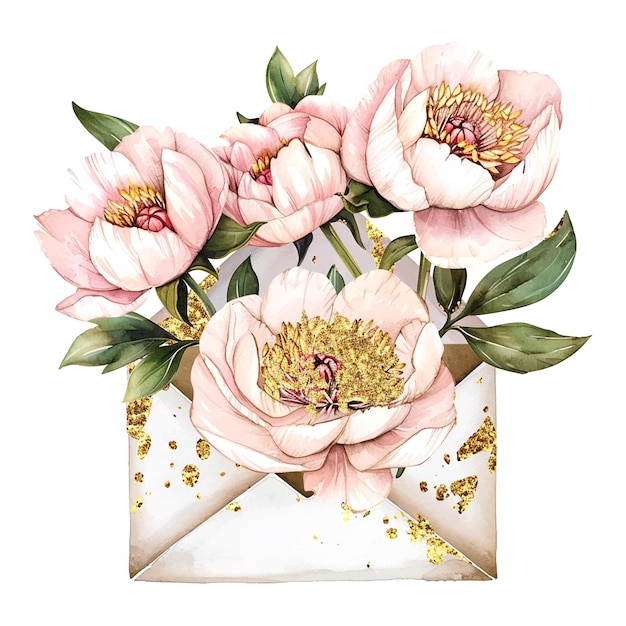 Um buquê de flores cor-de-rosa é colocado dentro de um envelope dourado e branco as flores são dispostas de maneira que pareçam estar florescendo e o envelope adiciona um toque de elegância à cena