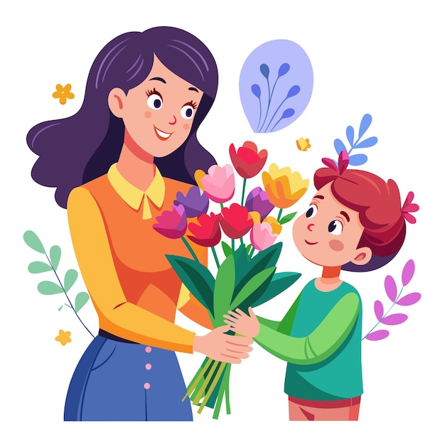 Um buquê de flores para o Dia das Mães sendo presenteado a uma mãe amorosa para expressar gratidão