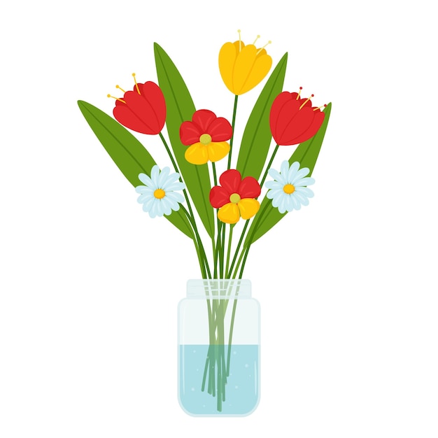 Um buquê de flores simples de tulipas e margaridas em uma jarra de vidro transparente com água.