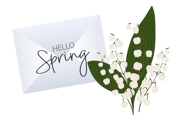 Um buquê de lírios do vale e um envelope com o texto hello spring. bandeira de parabéns