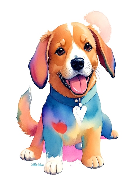 Um cachorrinho brincalhão com uma estética retrô renderizado em efeitos de aquarela coloridos perfeitos