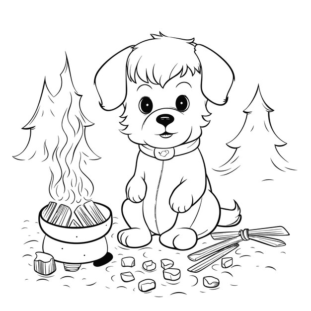 Vetor um cachorro assando marshmallows em uma noite de neve em marte páginas para colorir vector