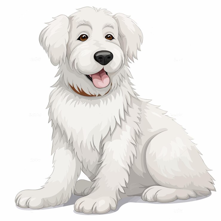 Vetor um cachorro branco com nariz preto e nariz marrom senta-se em um fundo branco.