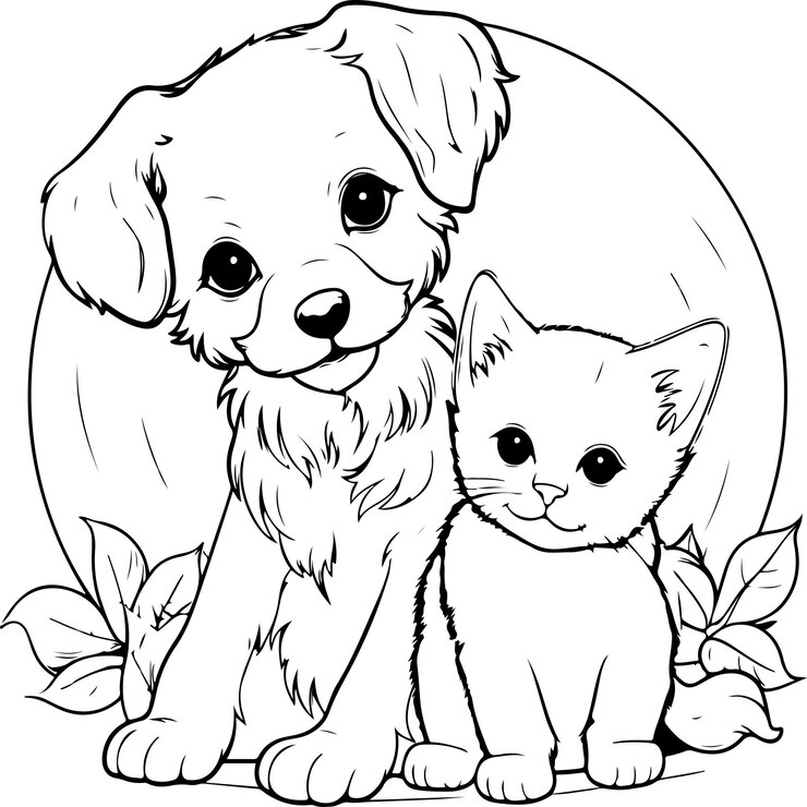 Vetor um cachorro branco sentado e um gato branco deitado