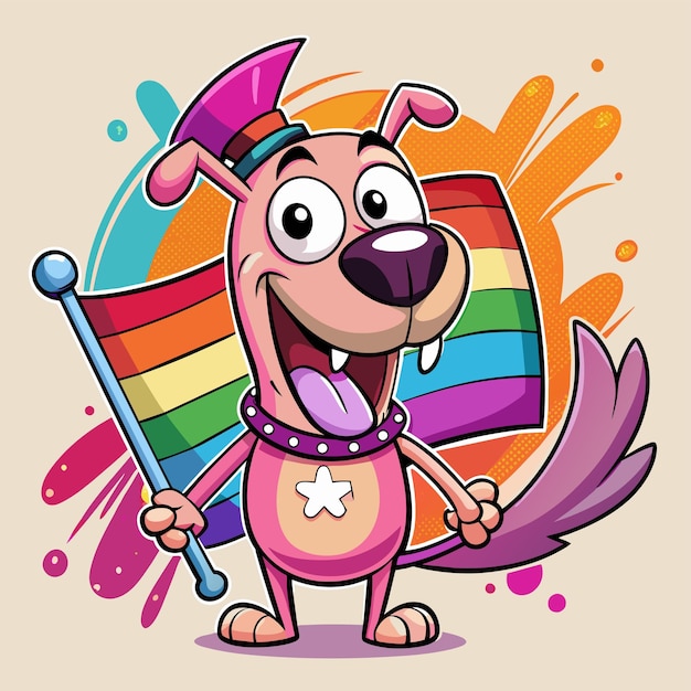 Vetor um cachorro de desenho animado com um arco-íris nas costas com um rainbow no fundo