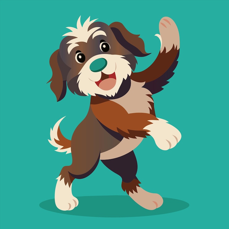 Vetor um cachorro de desenho animado com um fundo azul e uma imagem de um cachorros de desenhos animados correndo