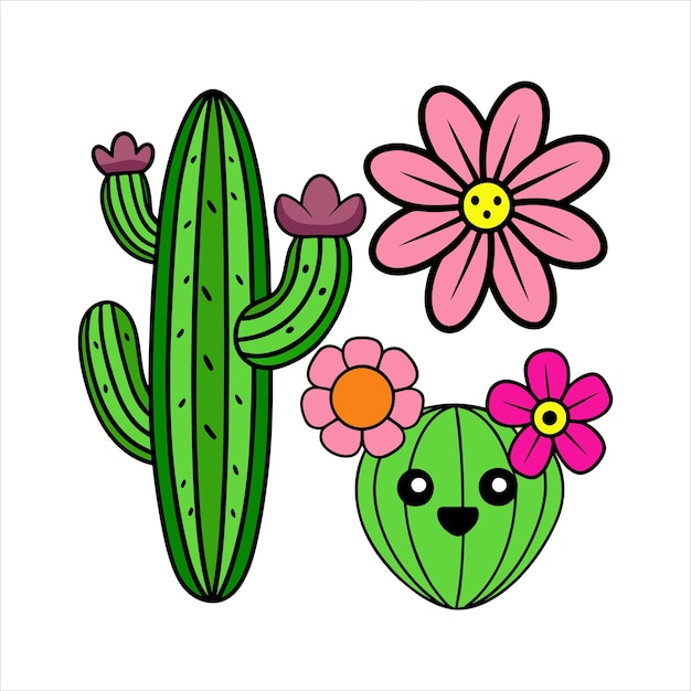 um cacto com flores e um desenho de um rosto de cacto