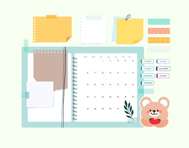 Um calendário com um urso e um bloco de notas com um coração.