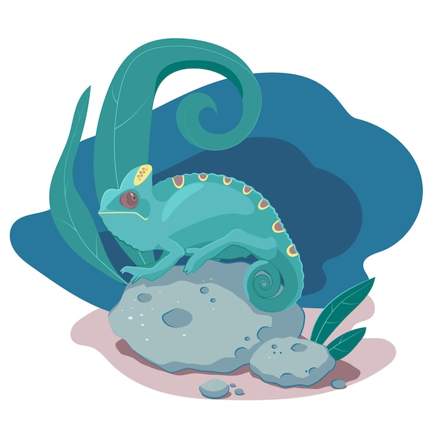 Um camaleão azul senta-se em uma rocha com ilustração vetorial de folhas verdes