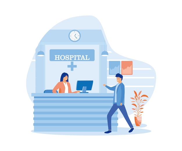 um caminhando para uma recepção do hospital onde ele é recebido por uma jovem sorridente