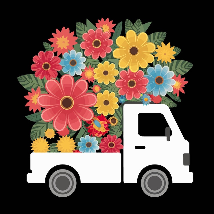 Vetor um caminhão branco com flores do lado e um fundo preto com uma imagem de um caminhão com um flowe