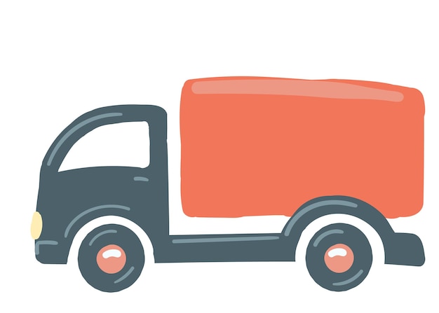 Vetor um caminhão com uma carroceria vermelha isolada do carro desenhado à mão estilo dos desenhos animados de carga de ilustração vetorial