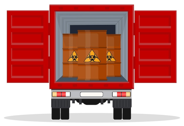 Um caminhão transporta produtos químicos perigosos em barris rotulados como radioativos