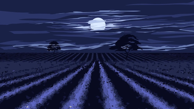 Um campo azul com uma lua cheia ao fundo