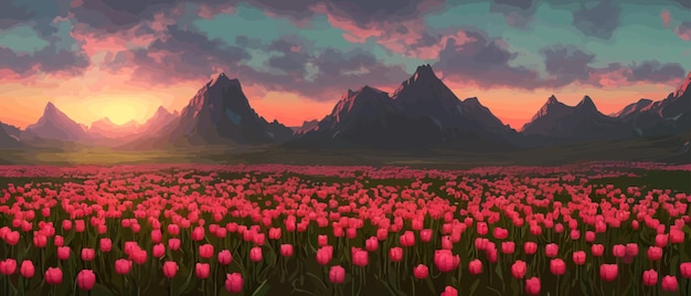 Vetor um campo de tulipas contra o pano de fundo de montanhas primavera bandeira ilustração vetorial enorme campo de