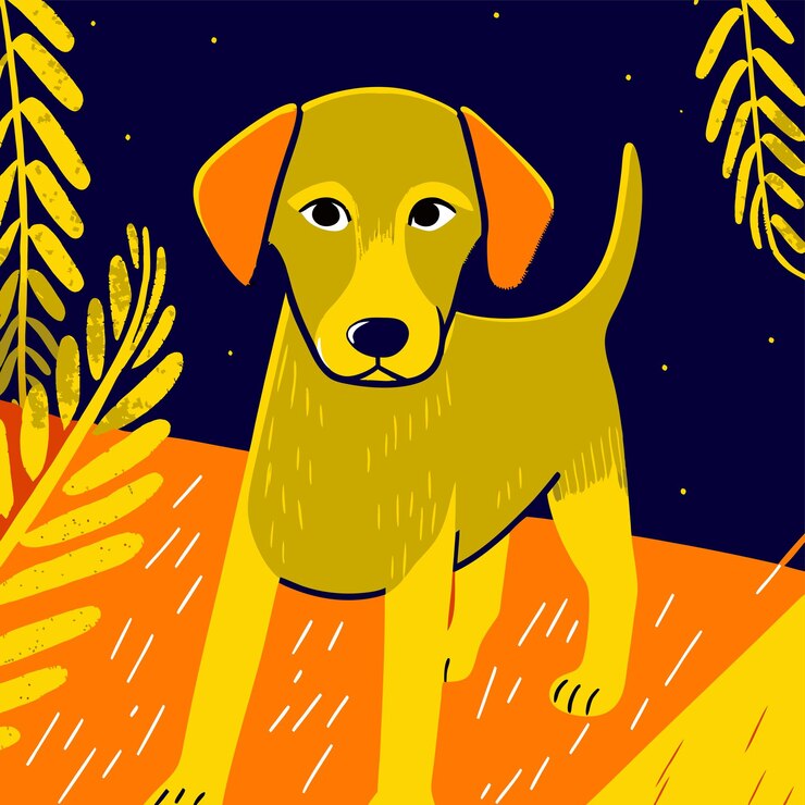 Vetor um cão amarelo está de pé na grama e tem um cão amarelo nele