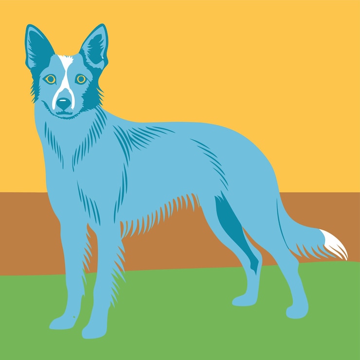 Vetor um cão azul com uma cauda branca está em frente a um fundo amarelo