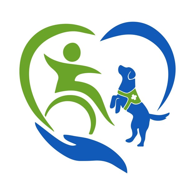 Um cão azul e um homem com um logotipo verde que diz 