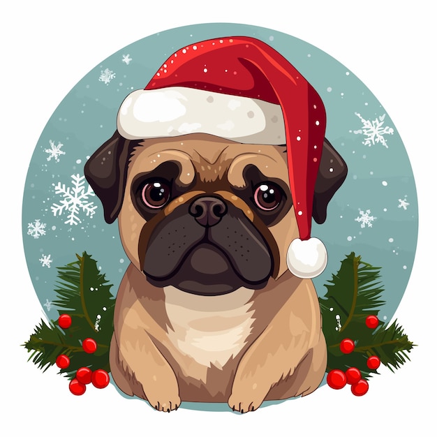 um cão com um chapéu de Santa sentado na frente de uma árvore de Natal