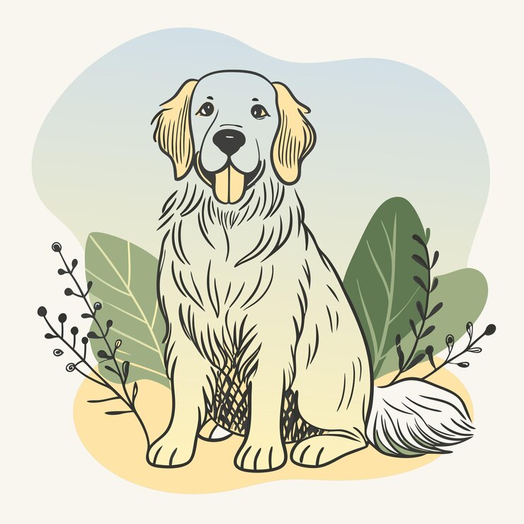 Vetor um cão com um colar amarelo senta-se na grama