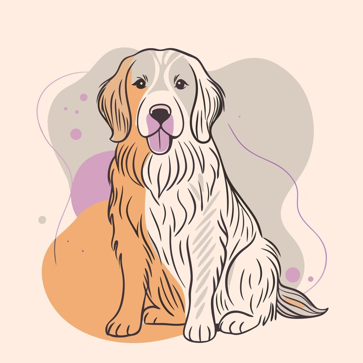 um cão com uma língua longa pendurada está sentado na frente de um fundo rosa e laranja