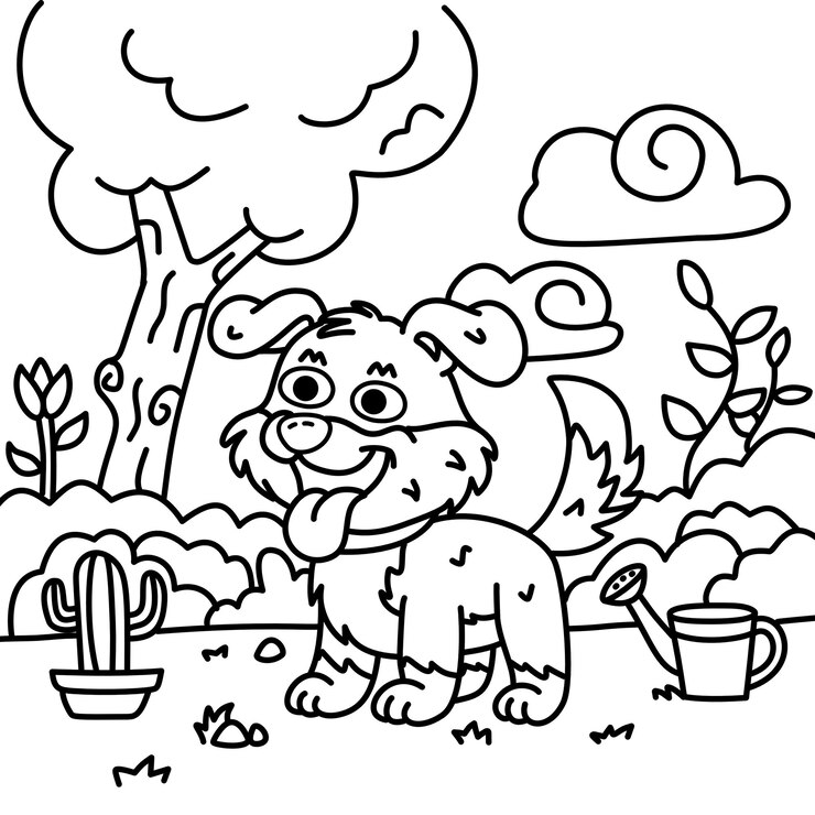 Vetor um cão de desenho animado com uma árvore e uma panela com uma árvore no fundo